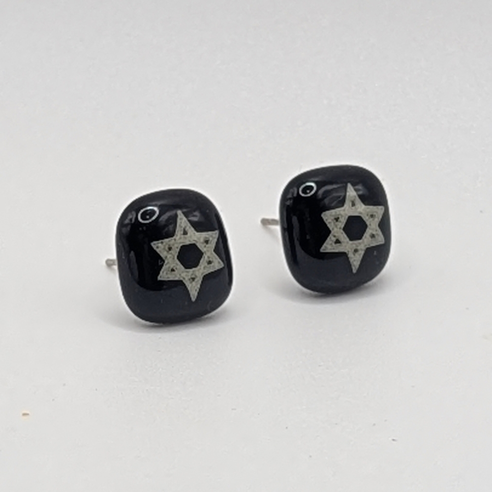 Black With White Star Of David On Nickel Free Stud Earrings Hand Crafted.